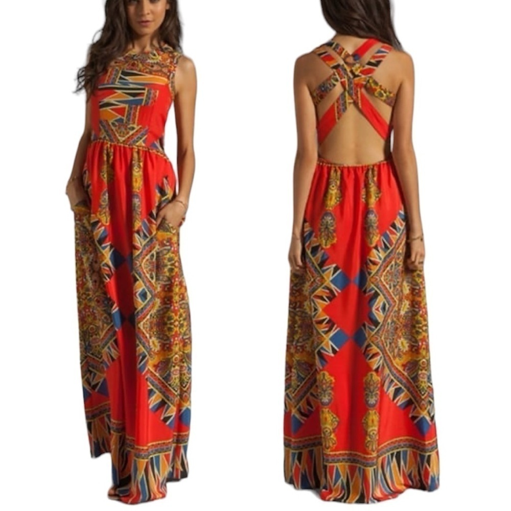 Lovers + Friends Kitty Cat Maxi Dress XS Pockets Tribal Boho Indie Festival